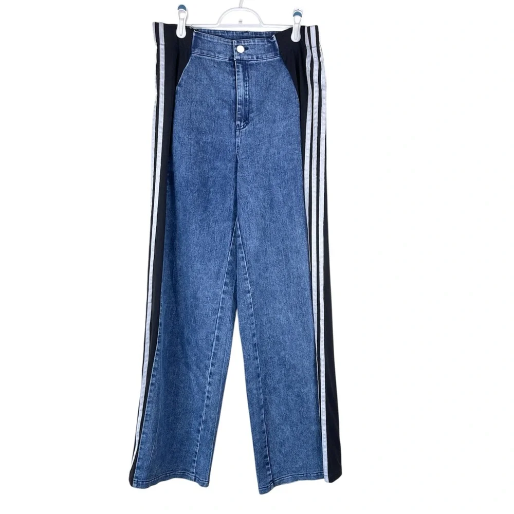 Jeans with Patchwork Three Stripes High Waisted  Color Block Wide Leg size Large - Picture 2 of 10